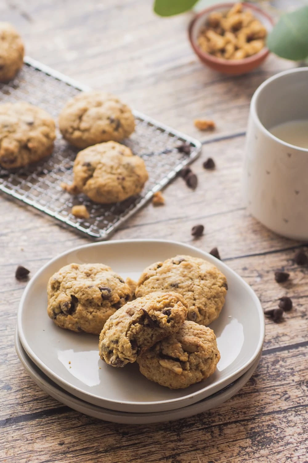 Neiman Marcus Cookies on a plate with a cup of milk